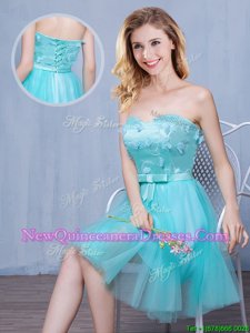 Edgy Aqua Blue Tulle Lace Up Sweetheart Sleeveless Knee Length Quinceanera Court Dresses Lace and Appliques and Bowknot