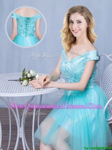 Off The Shoulder Cap Sleeves Lace Up Dama Dress for Quinceanera Aqua Blue Tulle