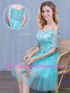 Custom Made Off the Shoulder Aqua Blue Short Sleeves Tulle Lace Up Quinceanera Dama Dress for for Prom