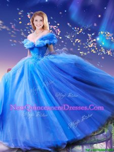 Cinderella Off the Shoulder Beading and Bowknot Quinceanera Gown Royal Blue Lace Up Sleeveless Floor Length