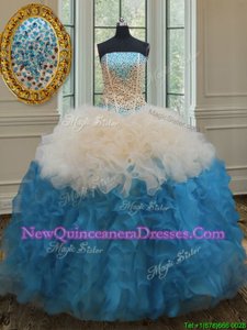 Affordable Sleeveless Organza Floor Length Lace Up Vestidos de Quinceanera inBaby Blue and Champagne withBeading and Ruffles