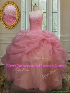 Low Price Pink Organza Lace Up Strapless Sleeveless Floor Length Sweet 16 Dresses Embroidery and Pick Ups