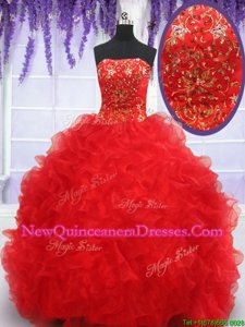 Designer Red Organza Lace Up 15 Quinceanera Dress Sleeveless Floor Length Beading and Embroidery and Ruffles