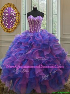 Organza Sweetheart Sleeveless Lace Up Beading and Ruffles Quinceanera Gown inBlue and Purple