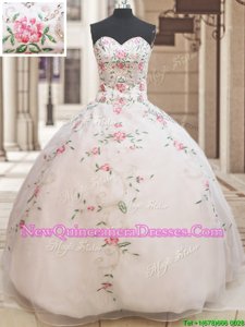 Attractive White Sleeveless Floor Length Beading and Embroidery Lace Up Quinceanera Gown