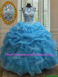 Super Scoop Baby Blue Organza Lace Up Sweet 16 Quinceanera Dress Sleeveless Floor Length Beading and Ruffles and Pick Ups