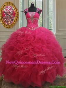 Best Coral Red Ball Gowns Square Cap Sleeves Tulle Floor Length Lace Up Beading and Ruffles 15th Birthday Dress