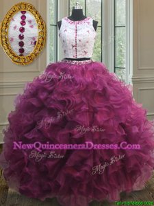 Affordable Scoop Sleeveless Zipper Quinceanera Dress Burgundy Organza