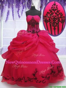 Flare Coral Red Sleeveless Floor Length Embroidery and Pick Ups Lace Up Quinceanera Dresses