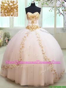 Exquisite Floor Length White Quinceanera Gown Tulle Sleeveless Spring and Summer and Fall and Winter Beading and Appliques