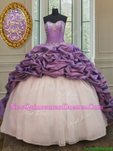 Most Popular White And Purple Ball Gowns Sweetheart Sleeveless Organza and Taffeta With Train Court Train Lace Up Beading and Pick Ups Quince Ball Gowns