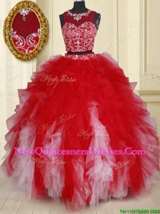 Clearance Two PiecesScoop Beading and Ruffles Quinceanera Dresses White and Red Zipper Sleeveless Floor Length