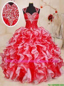 Wonderful Straps Sleeveless Vestidos de Quinceanera Floor Length Beading and Ruffles White and Red Organza