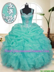 Charming Straps Straps Turquoise Sleeveless Floor Length Beading and Ruffles and Pick Ups Zipper Quince Ball Gowns