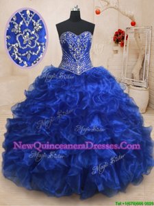 Comfortable Royal Blue Sleeveless Organza Brush Train Lace Up Quince Ball Gowns for Military Ball and Sweet 16 and Quinceanera