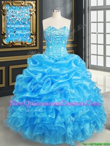Beautiful Beading and Ruffles and Pick Ups Quince Ball Gowns Baby Blue Lace Up Sleeveless Floor Length