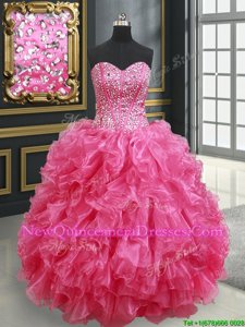 Best Selling Hot Pink Lace Up Quince Ball Gowns Beading and Ruffles Sleeveless Floor Length