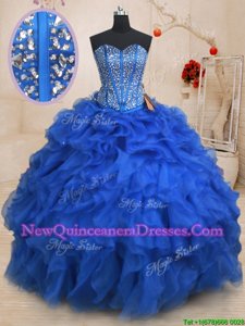 New Style Royal Blue Organza Lace Up 15th Birthday Dress Sleeveless Floor Length Beading and Ruffles