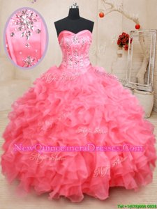 Customized Floor Length Watermelon Red Quinceanera Dresses Organza Sleeveless Spring and Summer and Fall and Winter Beading and Ruffles