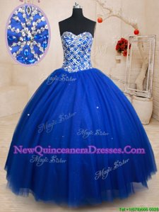 Glamorous Royal Blue Ball Gowns Sweetheart Sleeveless Tulle Floor Length Lace Up Beading Quinceanera Dresses