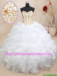 White Sweetheart Neckline Beading and Ruffles Sweet 16 Quinceanera Dress Sleeveless Lace Up