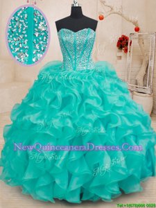 Ideal Beading and Ruffles Quinceanera Gowns Turquoise Lace Up Sleeveless Floor Length