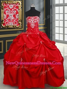Dramatic Strapless Sleeveless Quinceanera Dress Floor Length Beading and Pick Ups Red Taffeta