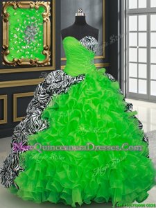 Pick Ups Sweetheart Sleeveless Brush Train Lace Up Quince Ball Gowns Spring Green Organza and Printed