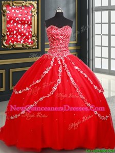 Excellent Red Tulle Lace Up 15 Quinceanera Dress Sleeveless Beading and Appliques