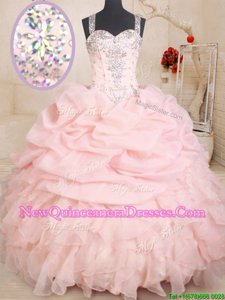 Clearance Baby Pink Ball Gowns Straps Sleeveless Organza Floor Length Zipper Beading and Ruffles and Pick Ups Quince Ball Gowns