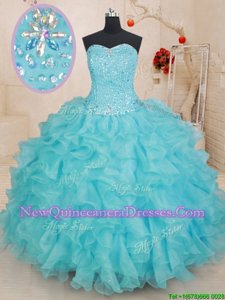 Hot Selling Floor Length Lace Up Sweet 16 Dress Aqua Blue and In for Military Ball and Sweet 16 and Quinceanera withBeading and Ruffles