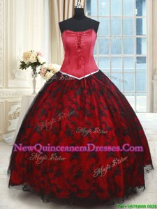 Noble Black and Red Ball Gowns Lace Strapless Sleeveless Lace Floor Length Lace Up 15 Quinceanera Dress