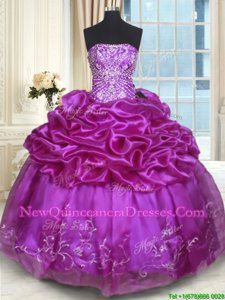 Eggplant Purple Lace Up Strapless Beading and Embroidery and Pick Ups 15 Quinceanera Dress Organza Sleeveless