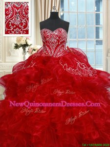 Luxury Floor Length Red Ball Gown Prom Dress Sweetheart Sleeveless Lace Up