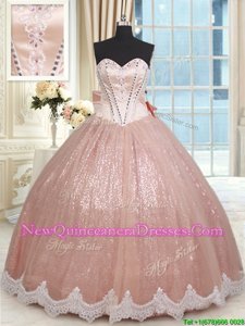 Clearance Floor Length Peach Sweet 16 Dresses Tulle Sleeveless Spring and Summer and Fall and Winter Beading and Lace and Bowknot