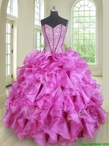 Pretty Lilac Ball Gowns Organza Sweetheart Sleeveless Beading and Ruffles Floor Length Lace Up Quince Ball Gowns