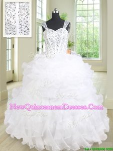 Designer Floor Length White Quince Ball Gowns Straps Sleeveless Lace Up
