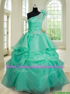 Custom Designed One Shoulder Sleeveless Organza Quinceanera Gown Beading and Hand Made Flower Lace Up