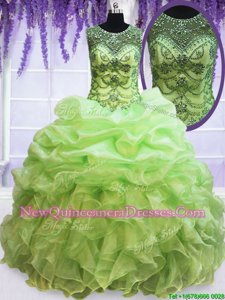 Lovely Scoop Spring Green Lace Up 15th Birthday Dress Beading and Ruffles and Pick Ups Sleeveless Floor Length