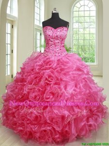 Classical Hot Pink Lace Up 15th Birthday Dress Beading and Ruffles Sleeveless Floor Length