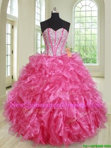 Gorgeous Hot Pink Ball Gowns Sweetheart Sleeveless Organza Floor Length Lace Up Beading and Ruffles Quince Ball Gowns