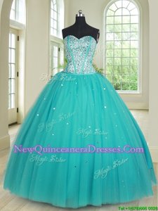 Clearance Aqua Blue Lace Up Sweetheart Beading Quinceanera Dresses Tulle Sleeveless