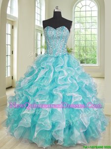 Customized Sleeveless Organza Floor Length Lace Up Ball Gown Prom Dress inBlue And White withBeading and Ruffles