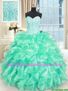 Colorful Turquoise 15 Quinceanera Dress Military Ball and Sweet 16 and Quinceanera and For withBeading and Ruffles Sweetheart Sleeveless Lace Up