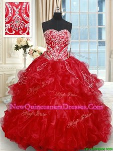 Sleeveless Brush Train Beading and Embroidery and Ruffled Layers Lace Up Quince Ball Gowns