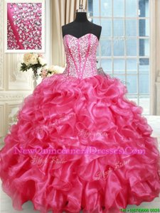 Hot Selling Hot Pink Ball Gowns Organza Sweetheart Sleeveless Beading and Ruffled Layers Floor Length Lace Up Sweet 16 Quinceanera Dress