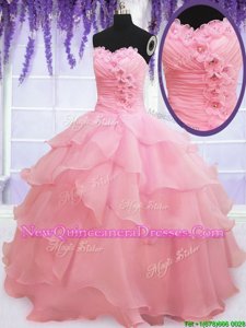 Modern Baby Pink Sweetheart Lace Up Beading and Hand Made Flower Vestidos de Quinceanera Sleeveless