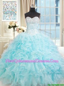 Gorgeous Light Blue Ball Gowns Organza Sweetheart Sleeveless Ruffles Floor Length Lace Up Quince Ball Gowns