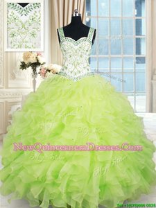 Pretty Straps Straps Yellow Green Ball Gowns Beading and Ruffles Ball Gown Prom Dress Lace Up Organza Sleeveless Floor Length