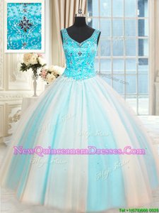 Custom Designed Floor Length White and Blue Quinceanera Dress Sleeveless Lace Up